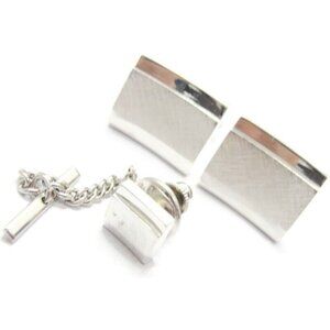 Curved Brushed & Smooth Cufflink & Neck Tie Pin Tack Set Silver Tone Shirt Vtg